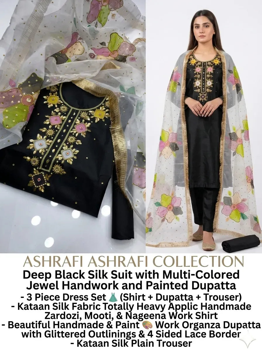 Black Kattan Silk 3 Piece Ladies Suit with Applique & Oil Painting Dupatta