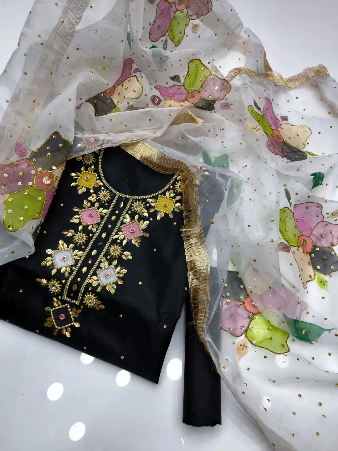 Black Kattan Silk 3 Piece Ladies Suit with Applique & Oil Painting Dupatta