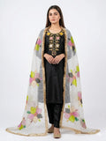 Black Kattan Silk 3 Piece Ladies Suit with Applique & Oil Painting Dupatta