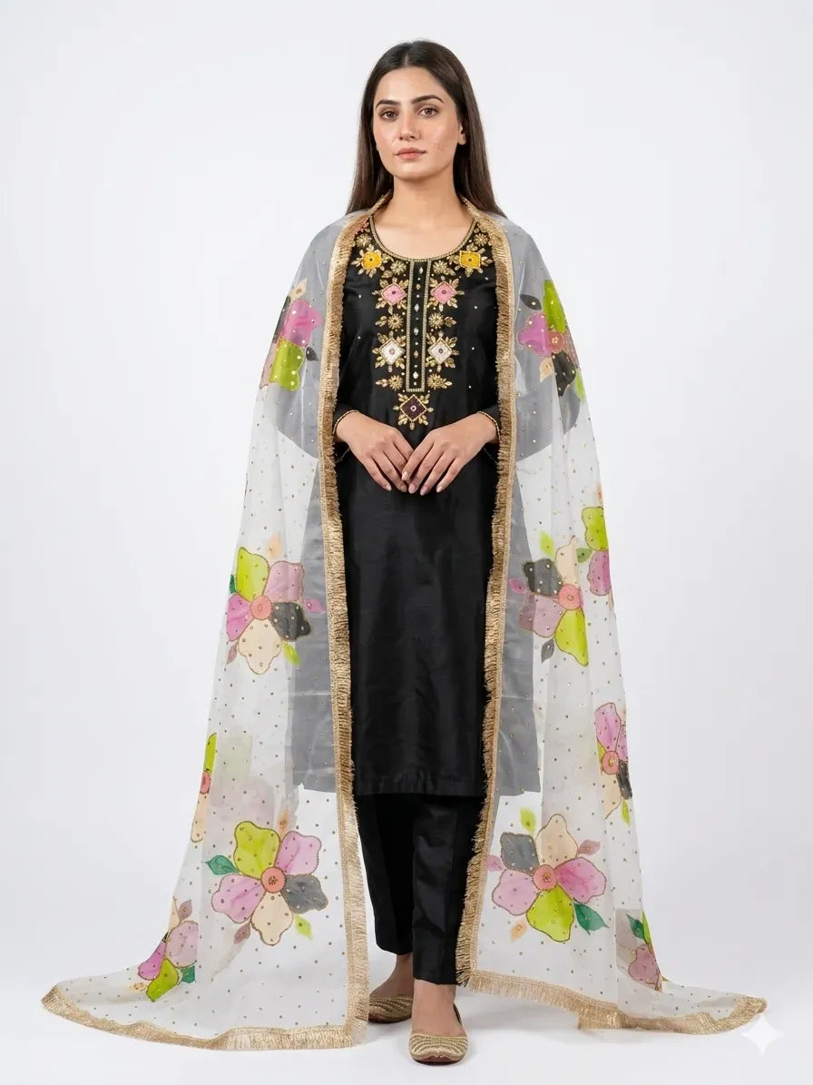 Black Kattan Silk 3 Piece Ladies Suit with Applique & Oil Painting Dupatta