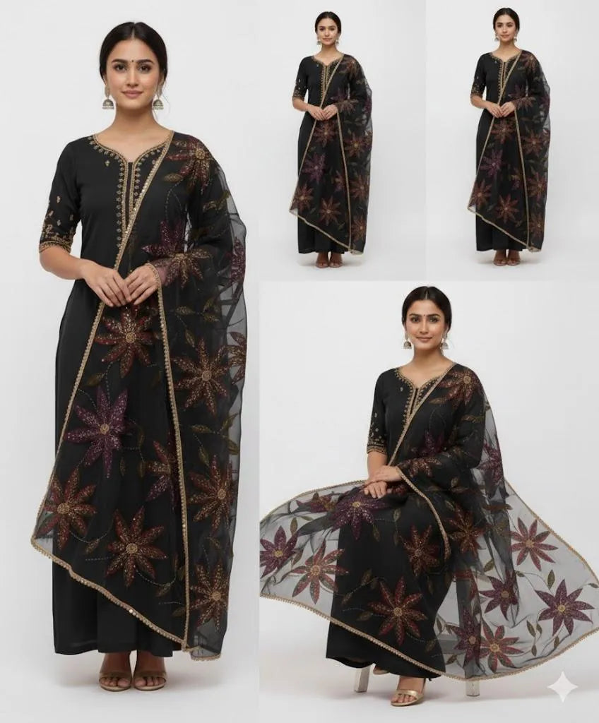 Black Organza 2-Piece Suit with Handwork & Beads for Eid M039