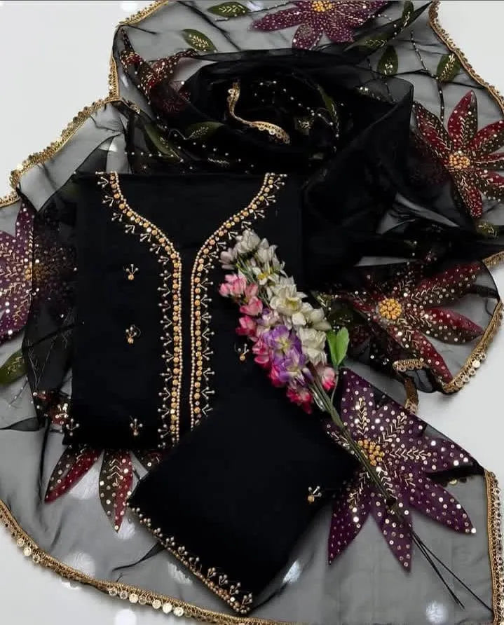 Black Organza 2-Piece Suit with Handwork & Beads for Eid M039