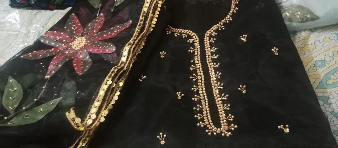 Black Organza 2-Piece Suit with Handwork & Beads for Eid M039