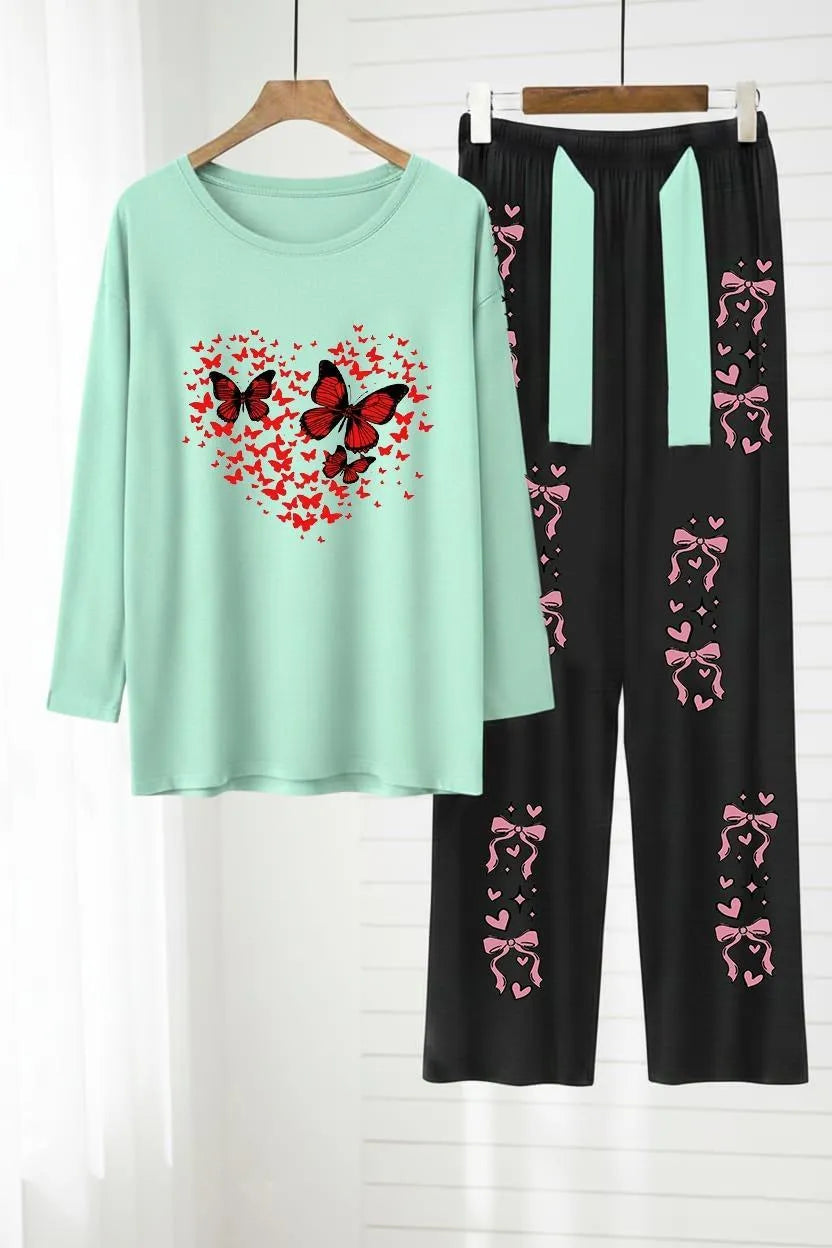Women Printed Night Suit Mint Red Butterfly Black Bow Pants