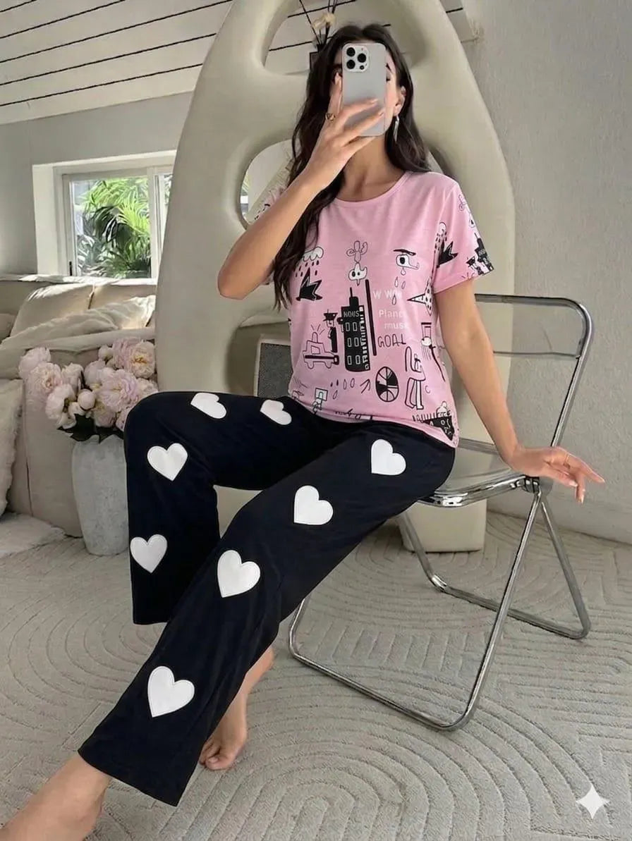 Women Printed Night Suit Pink Heart Trousers