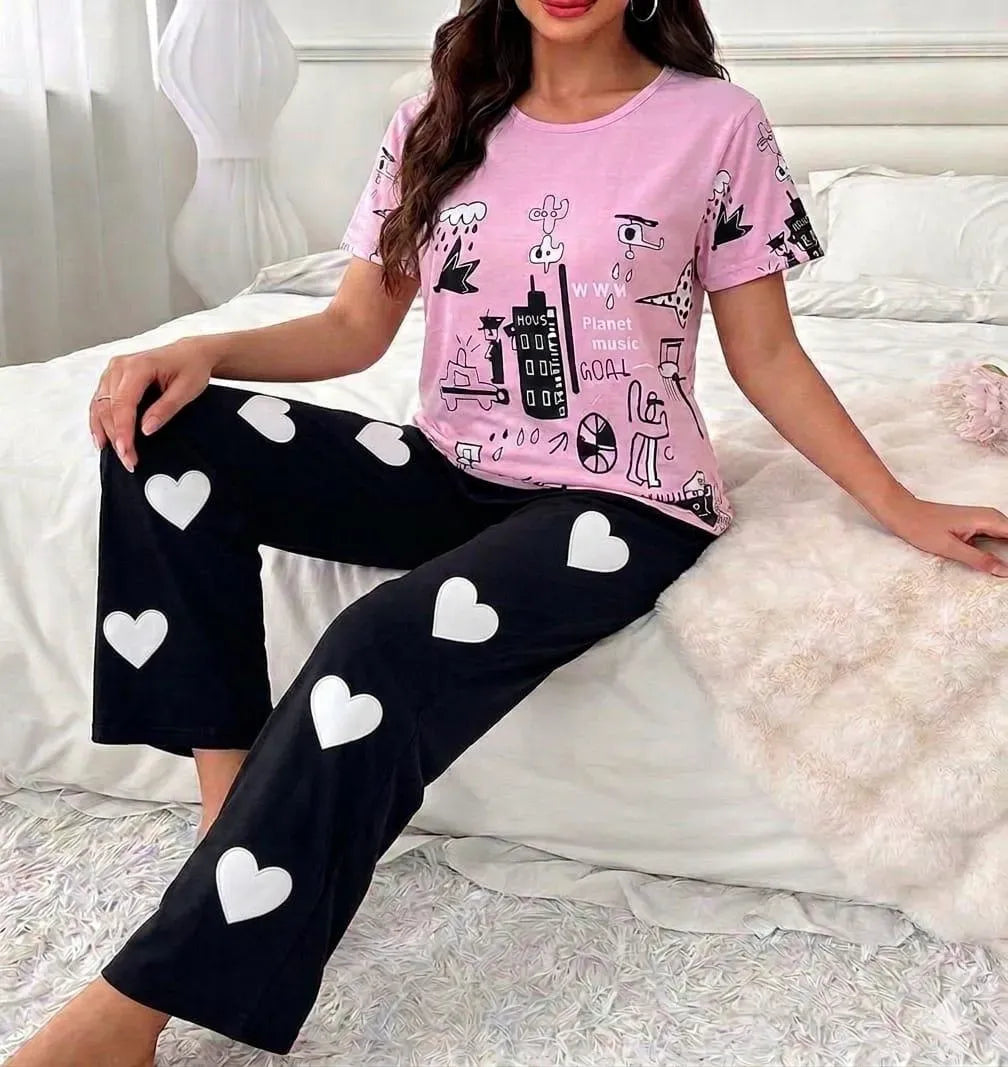 Women Printed Night Suit Pink Heart Trousers