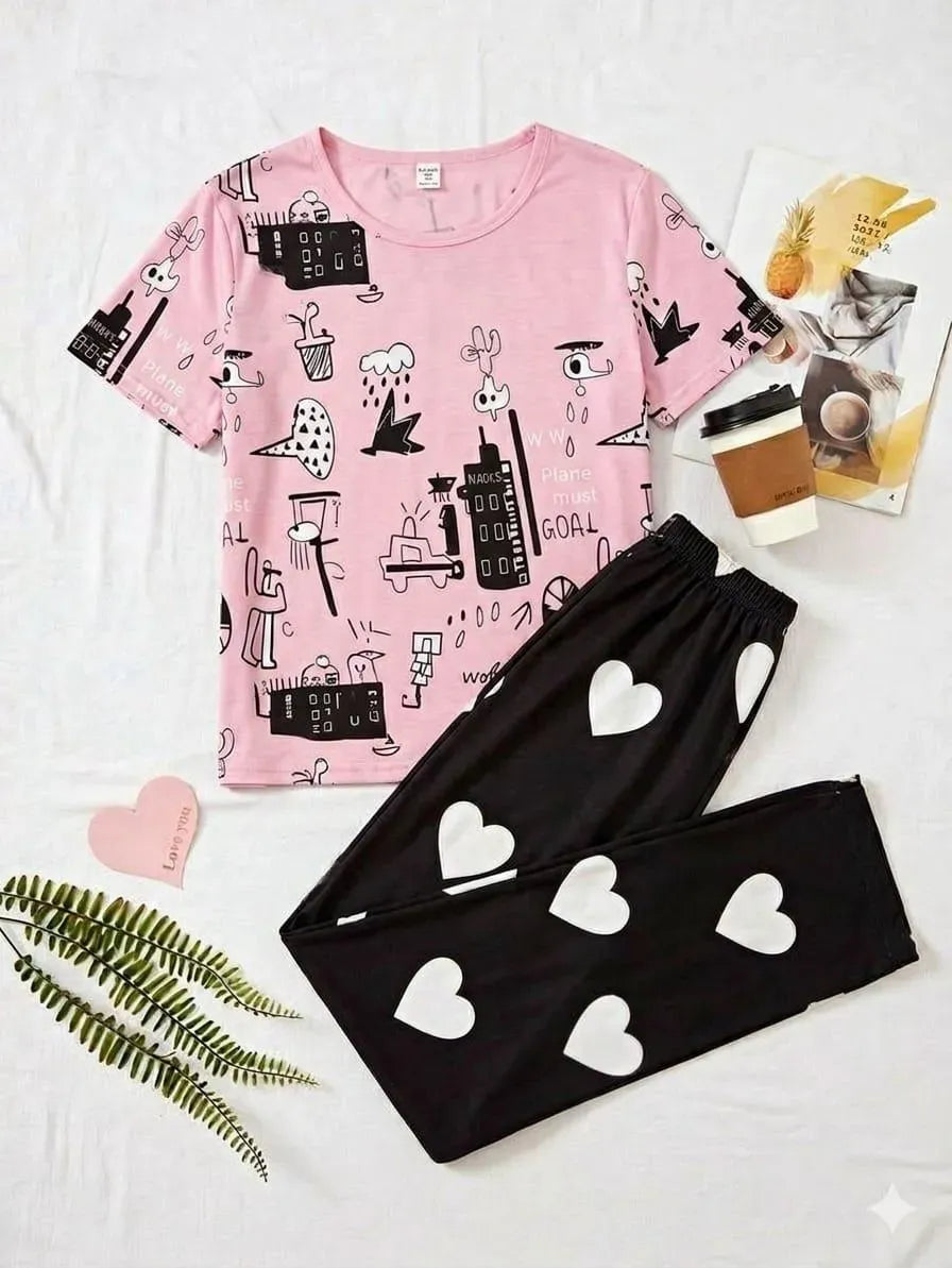 Women Printed Night Suit Pink Heart Trousers
