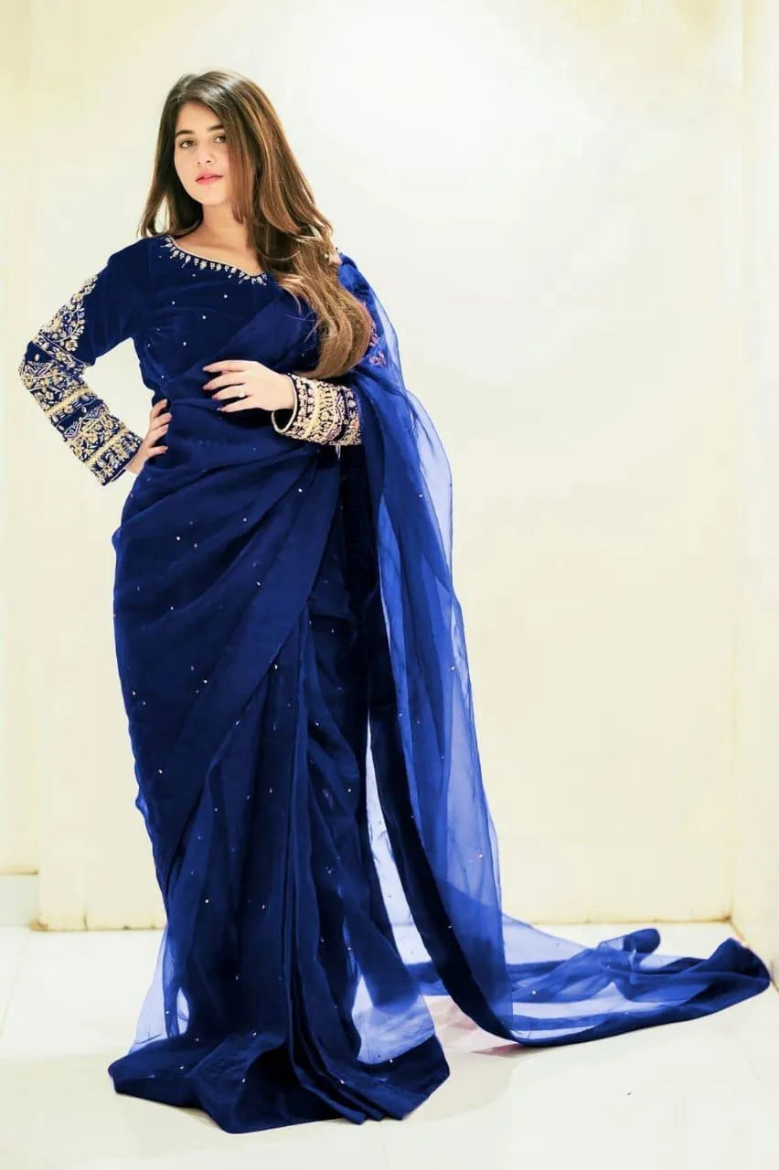 Blue Chiffon Embroidered Saree Set with Blouse & Petticoat M038