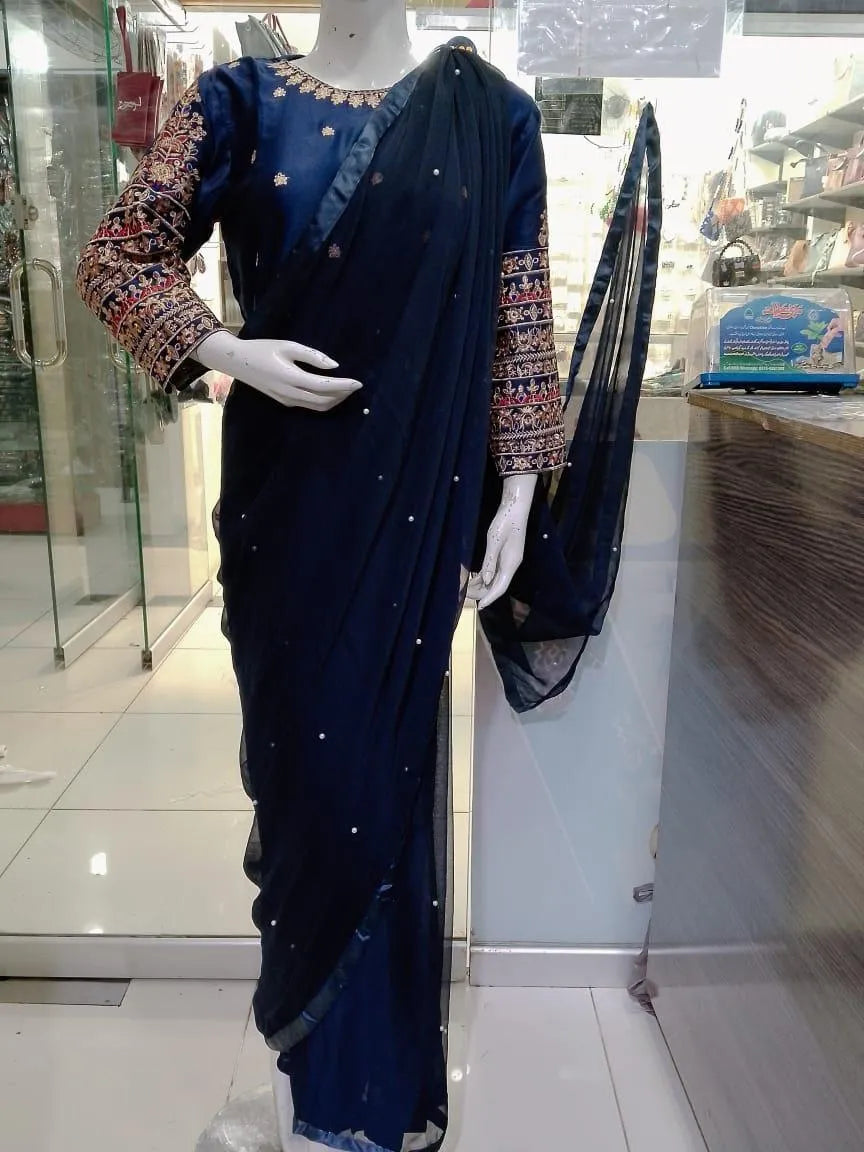 Blue Chiffon Embroidered Saree Set with Blouse & Petticoat M038