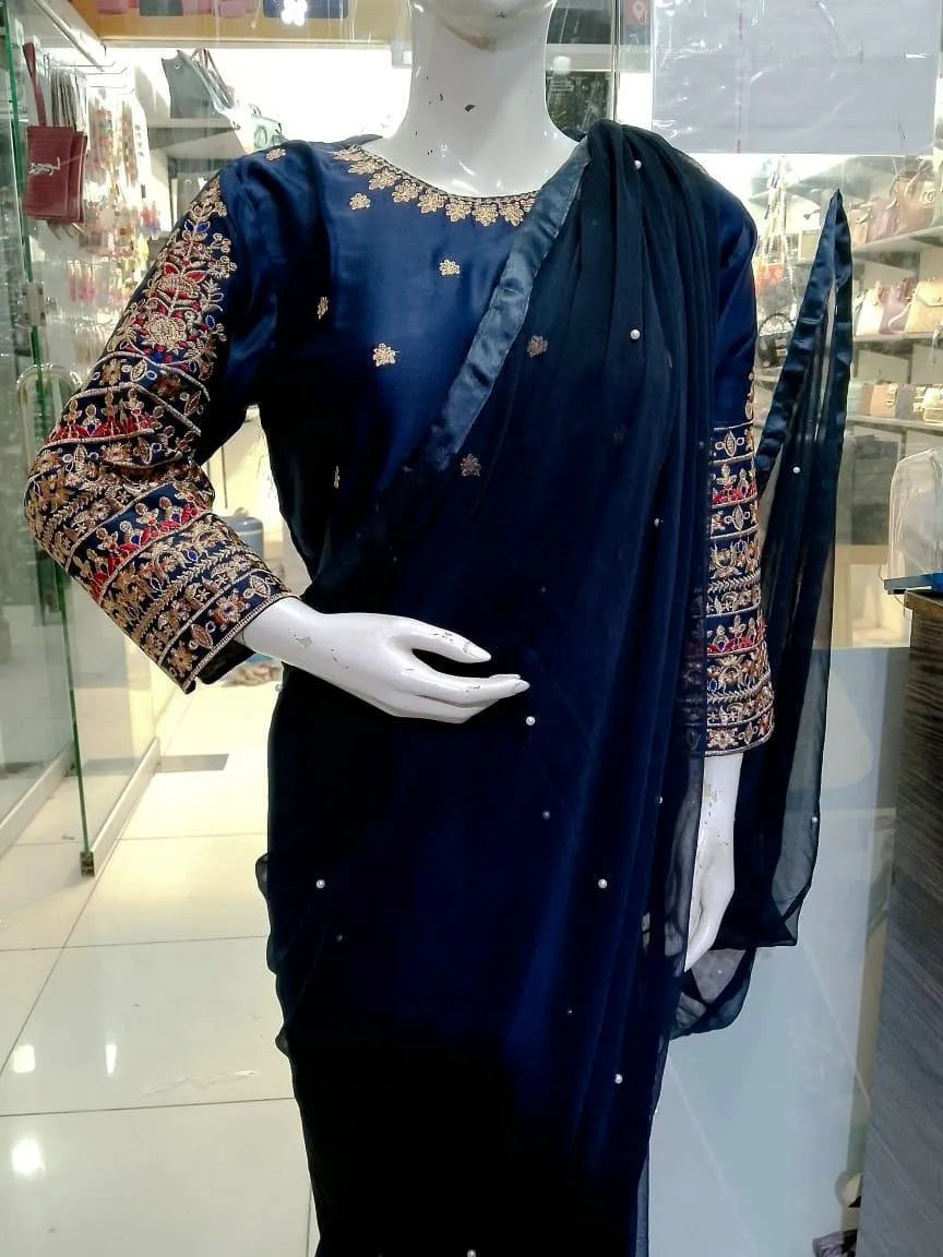 Blue Chiffon Embroidered Saree Set with Blouse & Petticoat M038