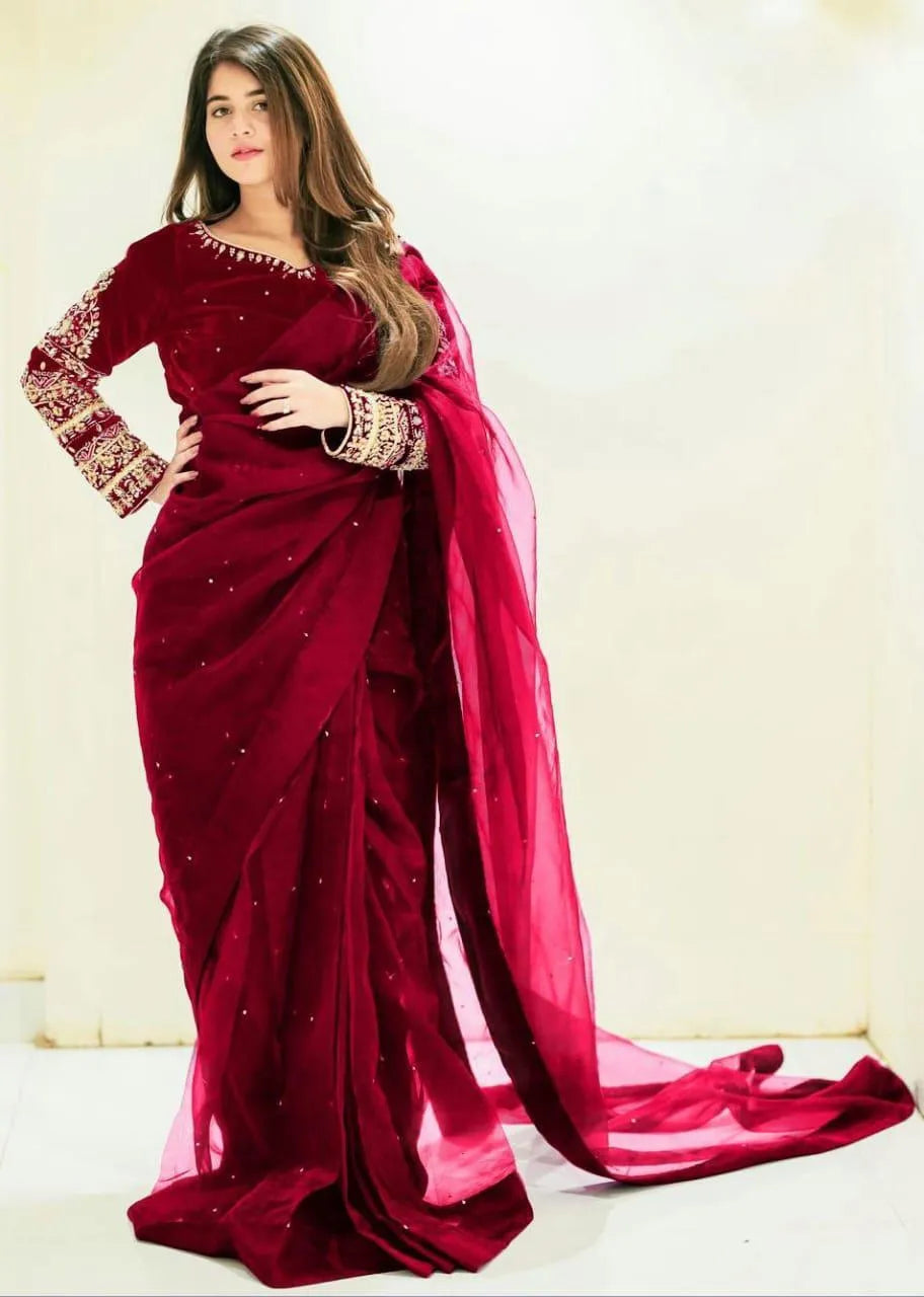 Maroon Chiffon Embroidered Saree Set with Blouse & Petticoat M036