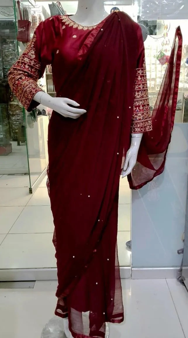 Maroon Chiffon Embroidered Saree Set with Blouse & Petticoat M036