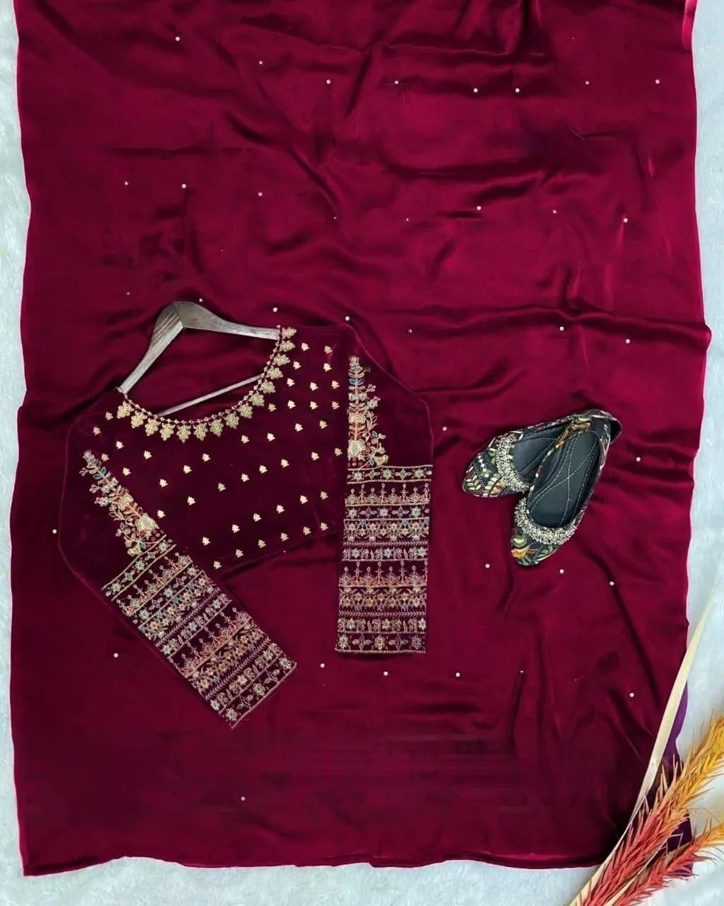 Maroon Chiffon Embroidered Saree Set with Blouse & Petticoat M036