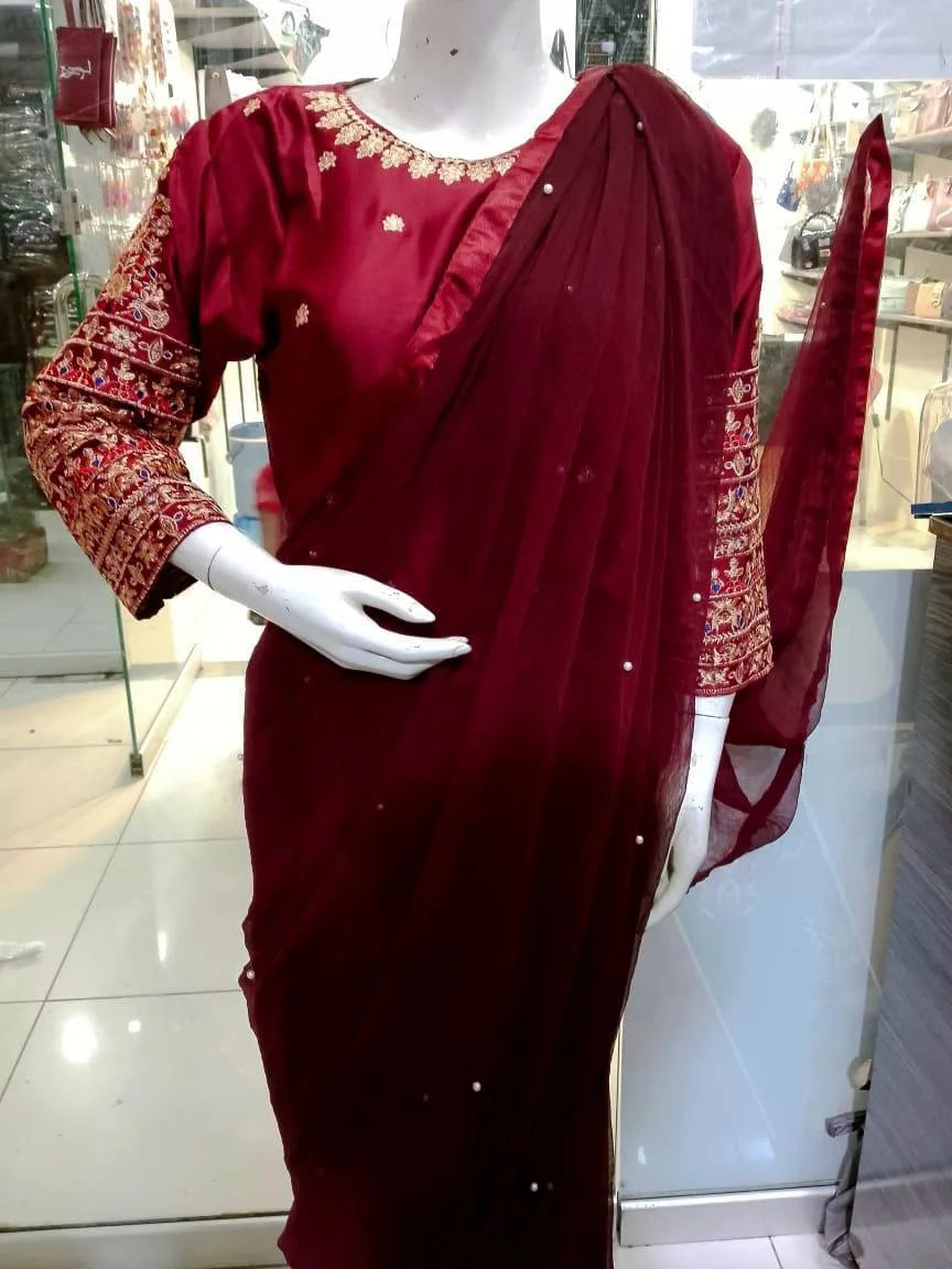 Maroon Chiffon Embroidered Saree Set with Blouse & Petticoat M036