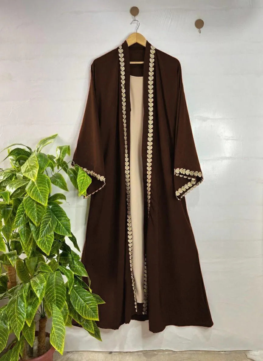 Georgette Embroidered Abaya Brown U-Neck for Girls