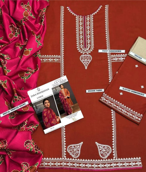 3 Piece Embroidered Dhanak Suit for Women