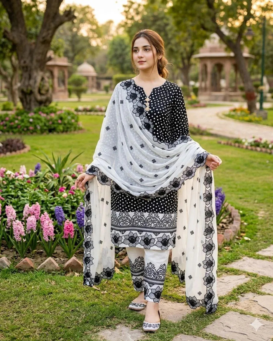 Digital Print Lawn Shirt with Embroidered Cotton Trouser & Chiffon Dupatta M029