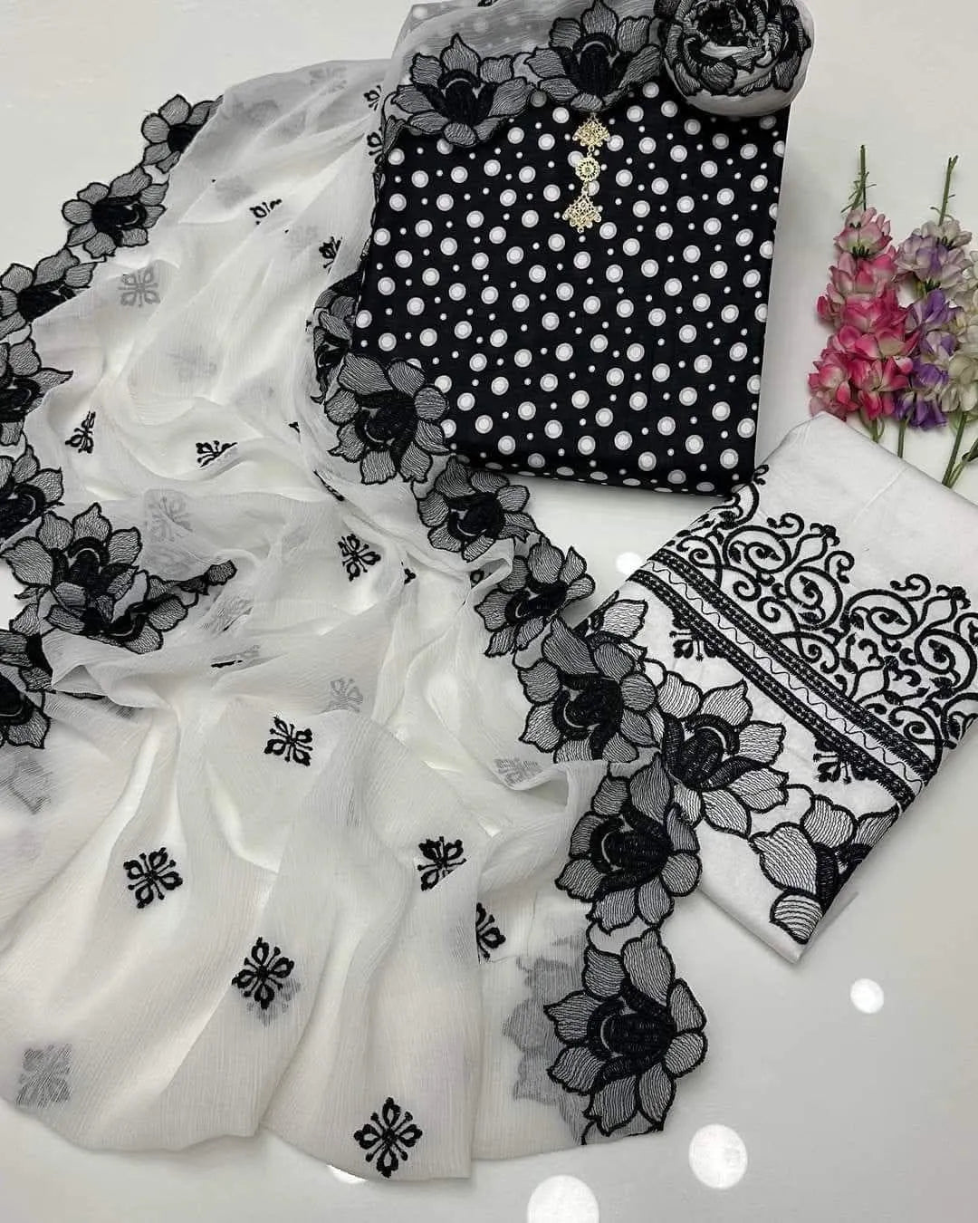 Digital Print Lawn Shirt with Embroidered Cotton Trouser & Chiffon Dupatta M029