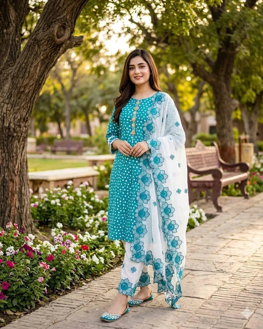 Digital Print Lawn Shirt with Embroidered Cotton Trouser & Chiffon Dupatta M030