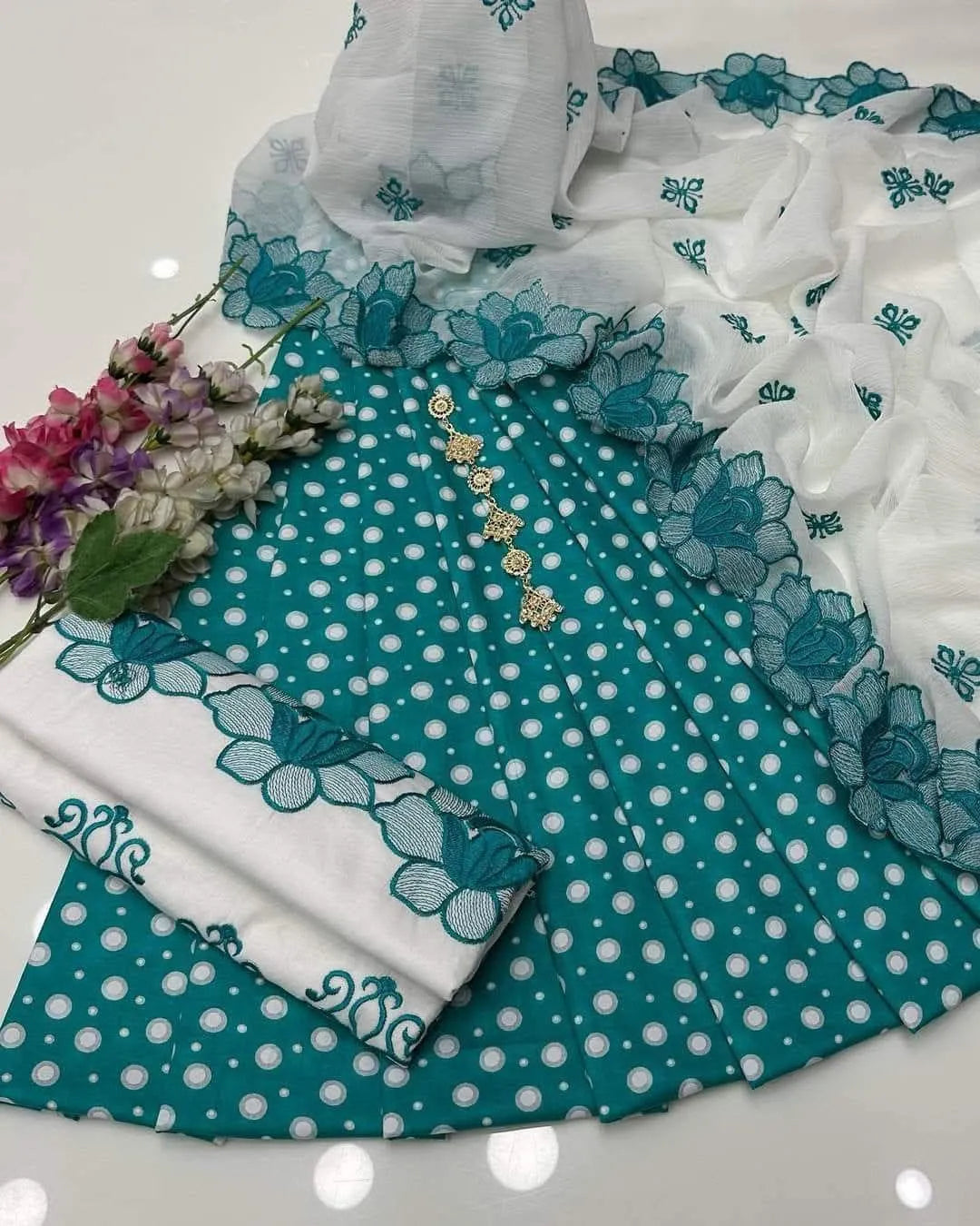 Digital Print Lawn Shirt with Embroidered Cotton Trouser & Chiffon Dupatta M030
