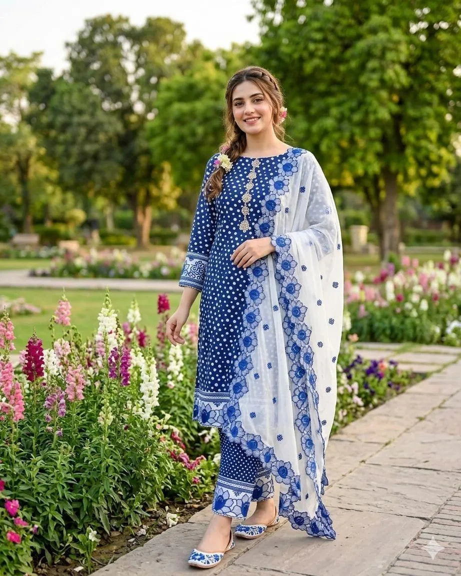 Digital Print Lawn Shirt with Embroidered Cotton Trouser & Chiffon Dupatta M028