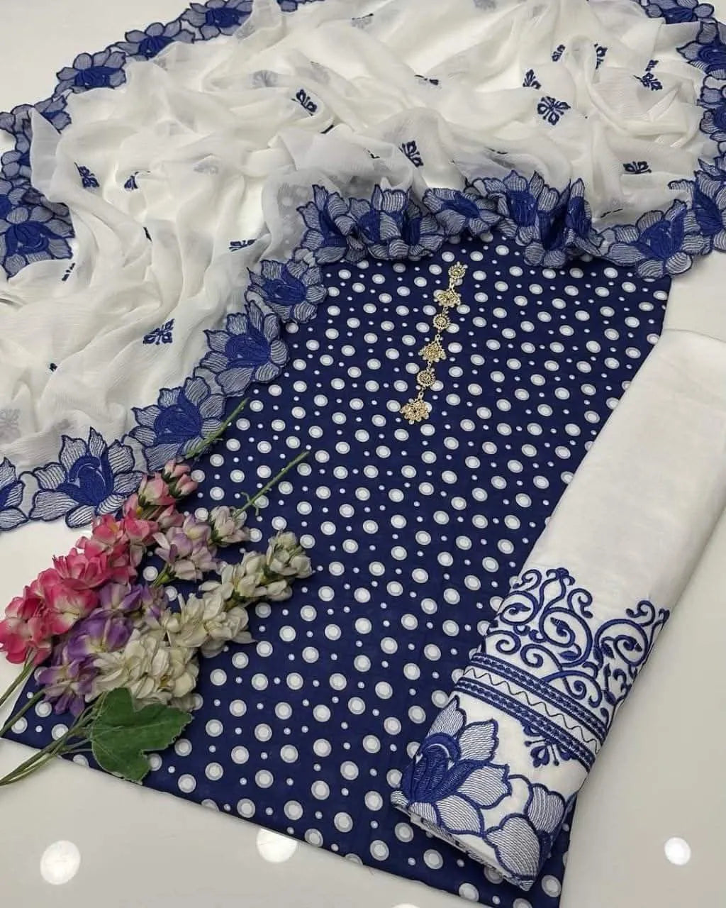 Digital Print Lawn Shirt with Embroidered Cotton Trouser & Chiffon Dupatta M028