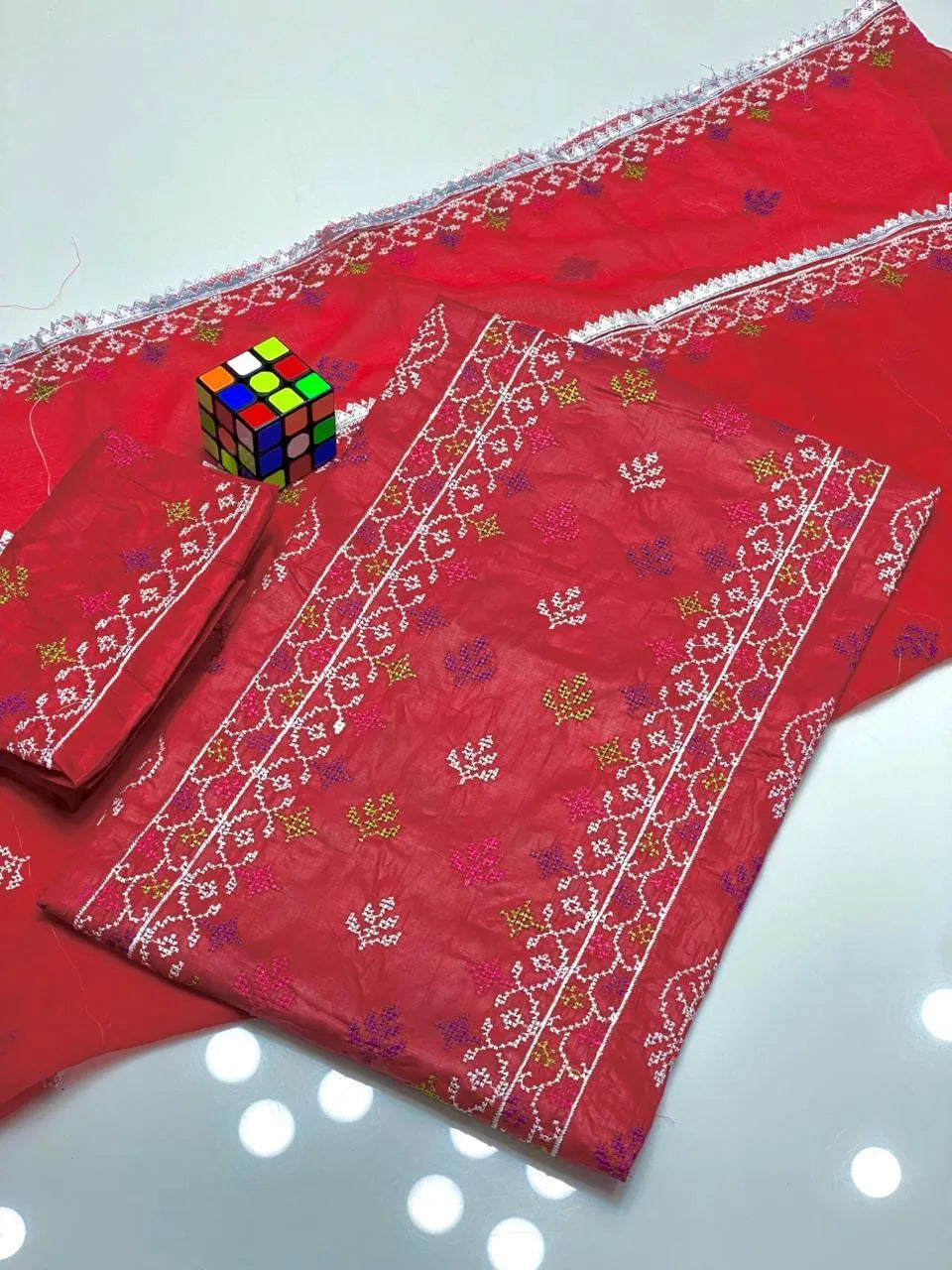 Red Chikankari Lawn 3Pcs Set for Women M027