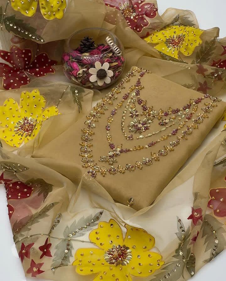 Mustard Zari Tilla Embroidered 2-Piece Organza Suit