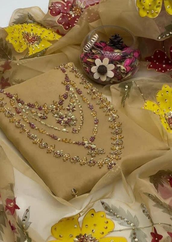Mustard Zari Tilla Embroidered 2-Piece Organza Suit