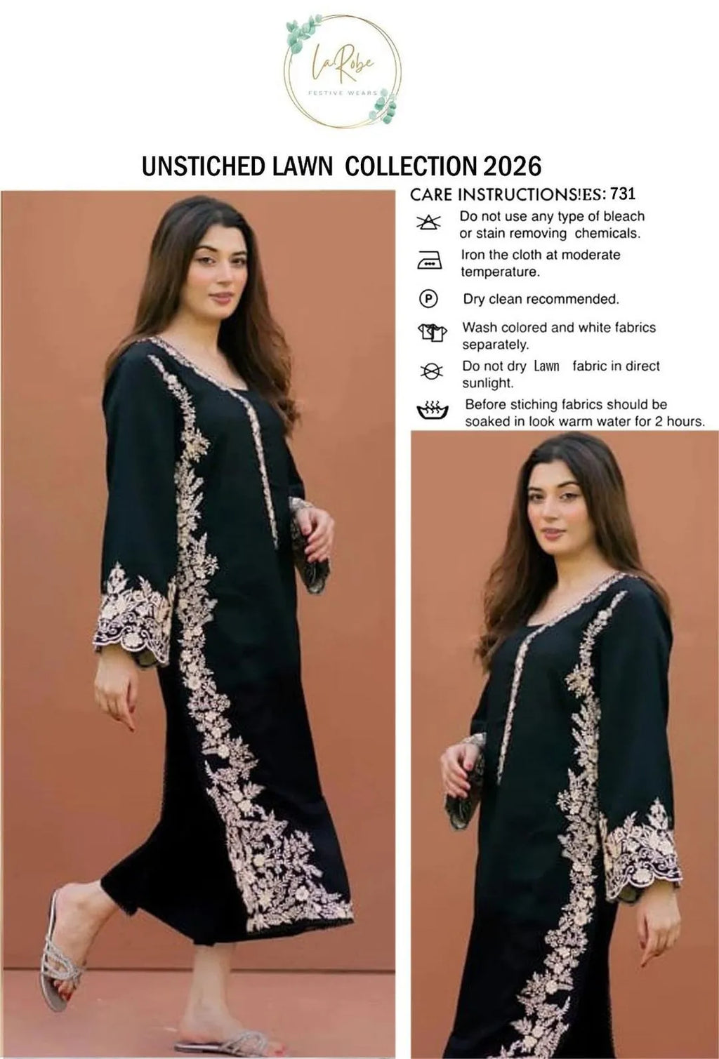 Unstitched Lawn Suit Black Cream Embroidery 2.5m M043