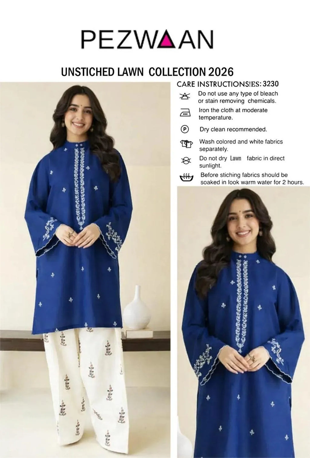 Unstitched Lawn Suit Blue Embroidered M044