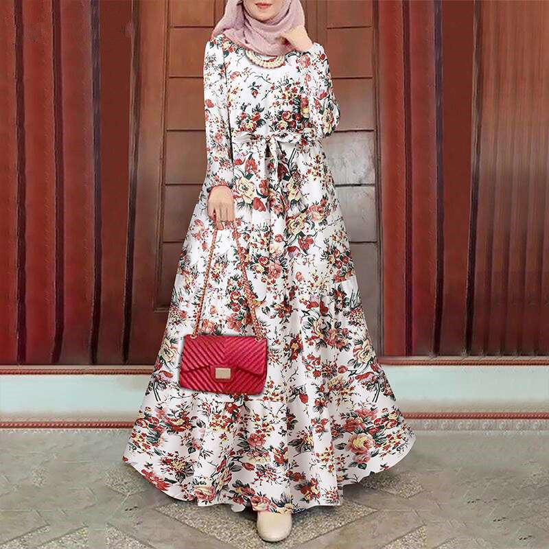 Elegant Floral Muslim Sundress White Slim Fit High Quality
